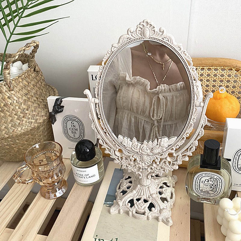 Gương Trang Điểm Để Bàn Hai Mặt Chạm Khắc Phong Cách retro Hàn Quốc