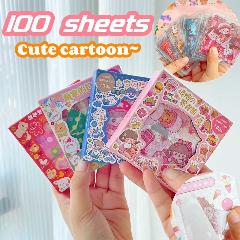 Bộ 100 Miếng Dán Chống Thấm Nước Họa Tiết Hoạt Hình Dễ Thương Trang Trí Sổ Tay / Nhật Ký