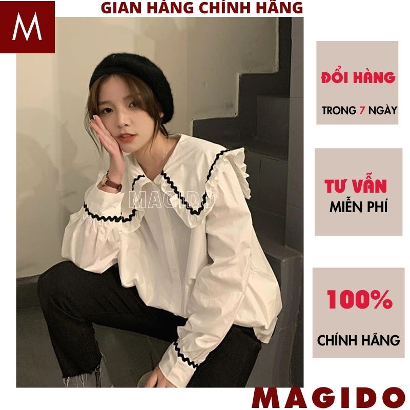 Áo Sơ Mi Nữ form rộng 2 mầu cổ sen kiểu dáng hàn quốc tiểu thư dễ thương đẹp dài tay ulzzang vintage -MAGIDO