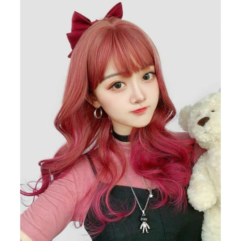 [Sẵn] Wig teen/lolita/cosplay M53 đỏ pha hồng cam (tóc giả nguyên đầu xoăn đuôi cá tính) tại Miu Cosplay