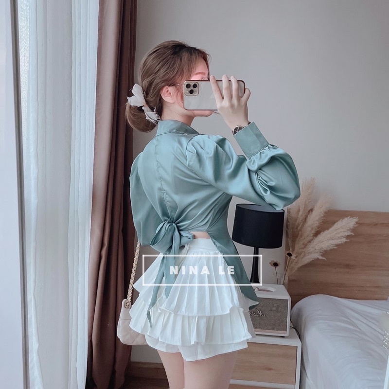 Áo Sơ Mi Nữ Linen Cổ Trụ Tay Bồng Kèm Túi Vuông Trước Ngực Phong Cách Hàn Quốc Ảnh Thật Tự Chụp