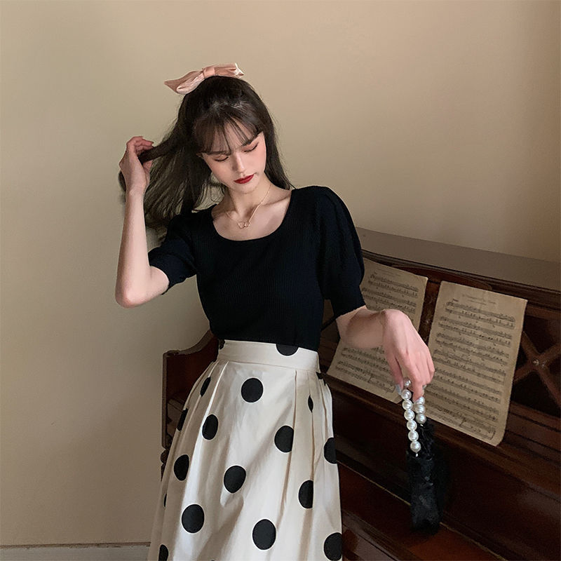 Váy cạp cao Váy dài chấm bi đen Đơn giản Đa năng Thời trang đơn giản Quần áo nữ