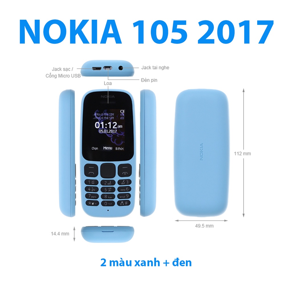Điện Thoại Nokia 105 2 Sim Cổ (2017) Zin Chính Hãng Bền Đẹp Pin Trâu Giá Rẻ Phím Êm Mượt Màu Xanh Đen Nhỏ Gọn Bo Góc | WebRaoVat - webraovat.net.vn