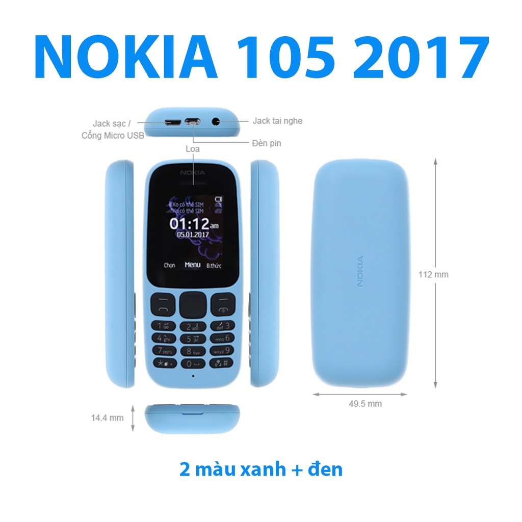 Điện Thoại Nokia 105 2 Sim Cổ  Zin Chính Hãng Bền Đẹp Pin Trâu Giá Rẻ Phím Êm Mượt Màu Xanh Đen Nhỏ Gọn Bo Góc