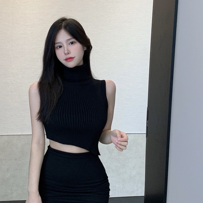 QADCOL Áo Croptop Dệt Kim Cổ Cao Ôm Dáng Thời Trang Cho Nữ