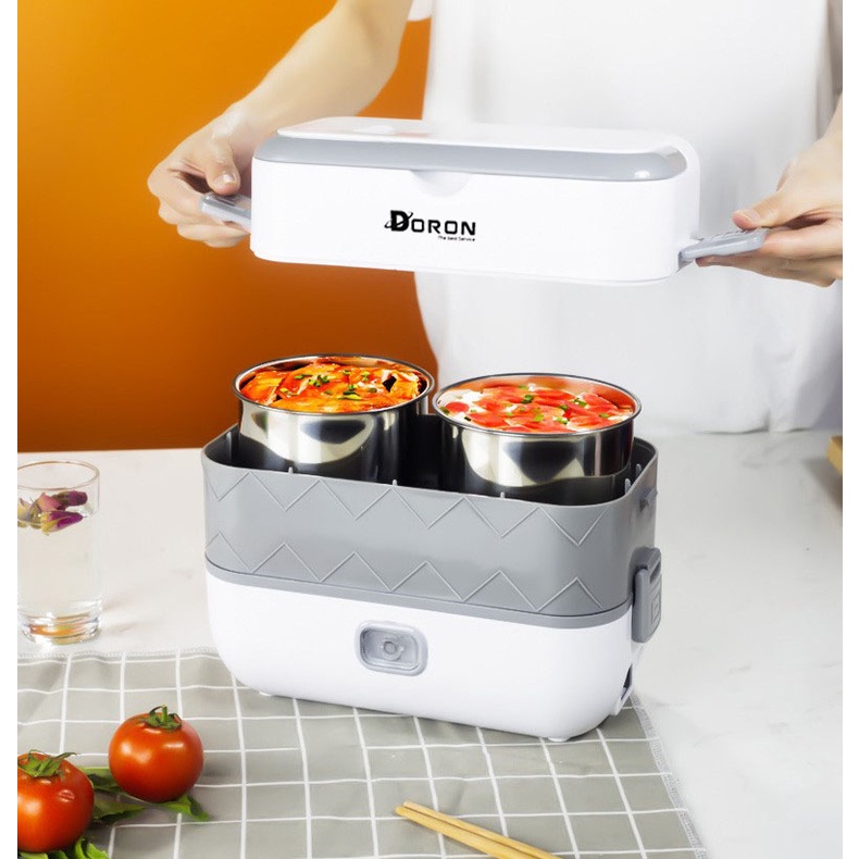 Hộp cơm cắm điện Doron Hộp cơm giữ nhiệt 2 tầng 4 ngăn dung tích 2l đựng đồ đi học, đi làm văn phòng