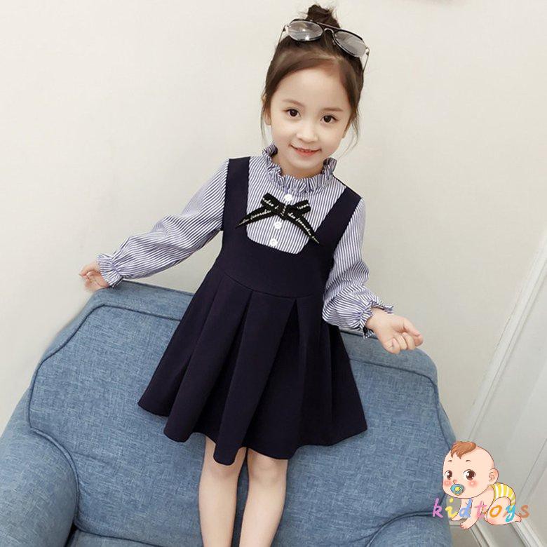 Đầm Công Chúa Giả Hai Lớp Họa Tiết Kẻ Sọc Xinh Xắn Cho Bé Gái