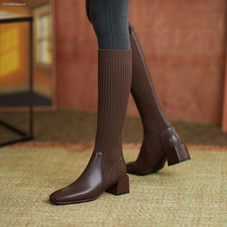 Giày bốt cao gót cổ cao tới gối vải dệt kim mỏng co giãn kiểu retro cổ điện thời trang thu đông cho nữ