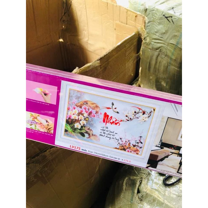 Tranh đính đá chữ nhẫn KT:75x50cm. Tranh gắn đá tự làm.