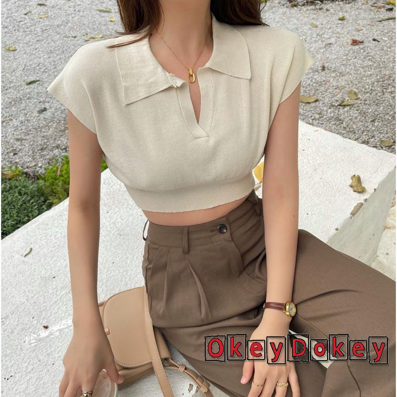 Áo Thun Dệt Kim Tay Ngắn Hở Rốn Màu Trơn Thời Trang Cho Nữ