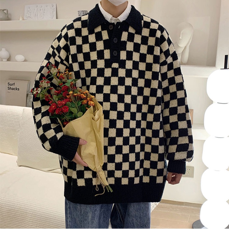 Áo len cổ polo tay dài họa tiết caro phong cách Hàn Quốc thời trang cho nam