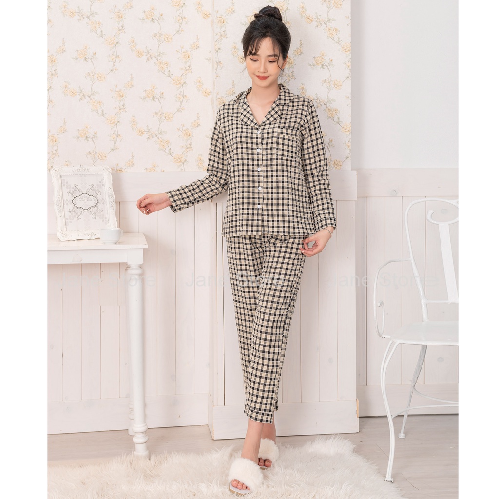 Bộ Pyjama đồ mặc nhà nữ chất thô lông đũi Set đồ ngủ dài tay họa tiết kẻ caro nữ tính dễ thương mã PN10 | BigBuy360 - bigbuy360.vn