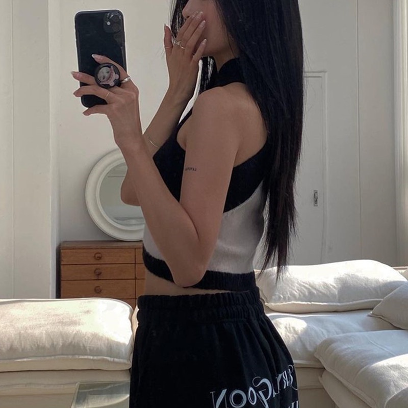 IELGY Áo sát nách nữ cổ yếm chữ V phối màu tương phản đơn giản thời trang