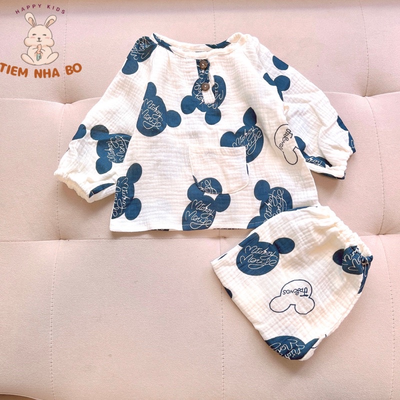 Bộ quần áo dài tay thu đông cho bé trai bé gái, bộ quần áo trẻ em mặc nhà vải xô muslin cho bé từ 5-15kg TNB