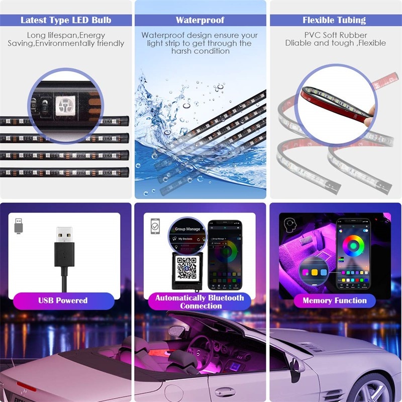 Dây Đèn LED RGB Nhiều Màu Điều Khiển Bằng Giọng Nói Trang Trí Xe Hơi