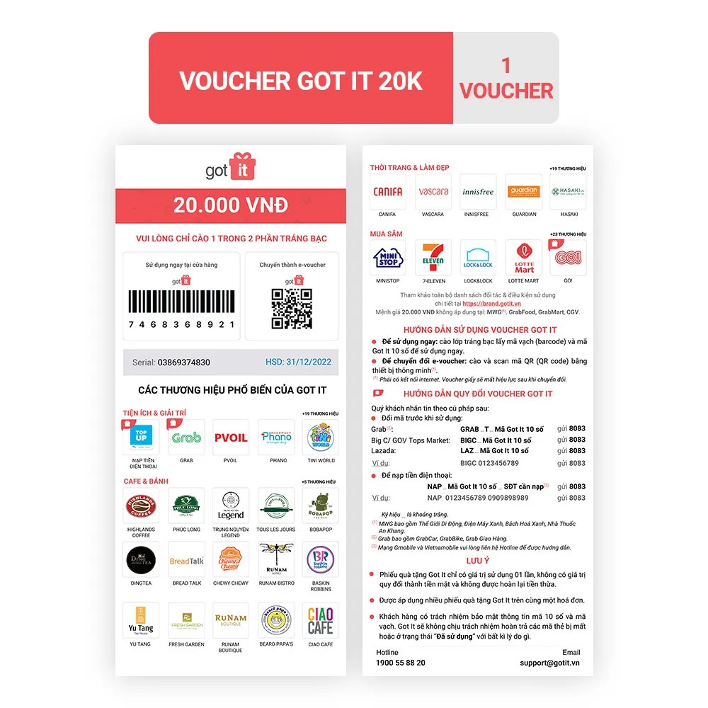 [Mã FMCGMALL -8% đơn 250K] [FMCG Gift] Voucher Got it 20K