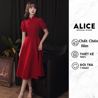Váy Thiết Kế Cao Cấp Tiểu Thư ALICE Kiểu Dáng Ôm Eo Tôn Dáng Cùng Tay Bồng Cổ Tàu Phối Cục Bọc Sang Trọng V751