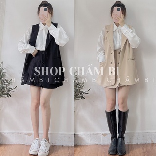 Set bộ đi chơi S.064, Set áo gile cổ vest form rộng cùng chân váy xếp ly cách điệu phong cách Hàn Quốc