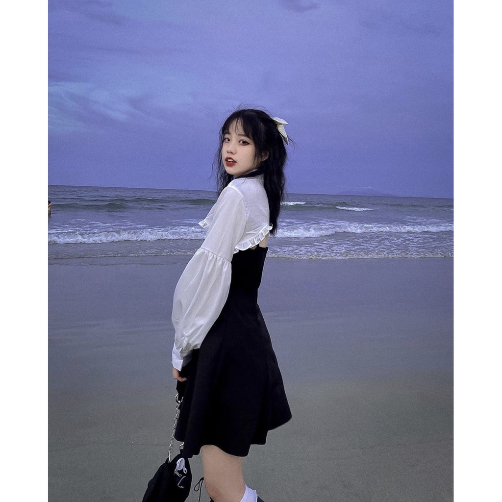 (CLIP THẬT) Đầm 2 dây phối áo croptop sơ mi tay bồng | BigBuy360 - bigbuy360.vn