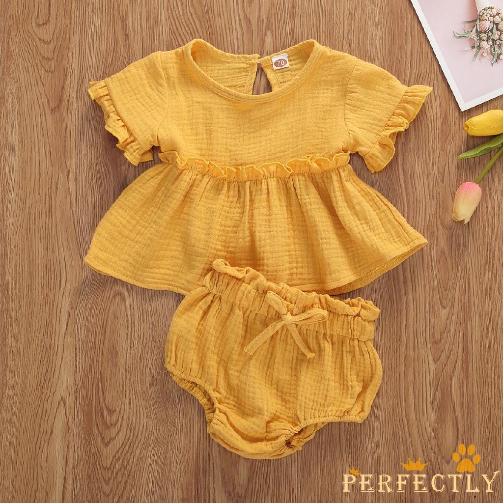 Set áo tay ngắn cổ tròn kèm quần ngắn thời trang cho bé gái