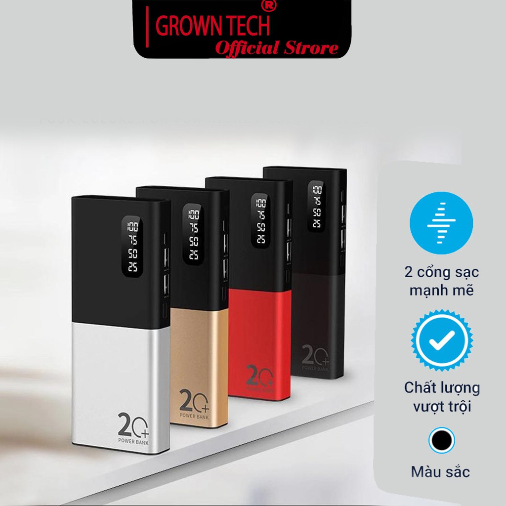 Pin sạc dự phòng GrownTech 20000mah, sạc nhanh màn hình LCD 2 cổng USB