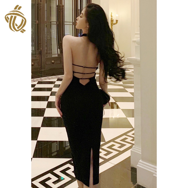 Đầm thiết kế hở lưng cổ chéo eo thon xẻ tà gợi cảm phong cách phương Tây dự tiệc cho nữ