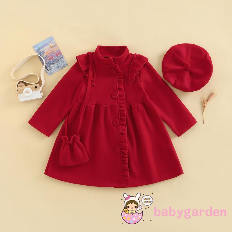 Set Đầm Cổ Tròn Tay Dài Phối Bèo + Nón Cho Bé Gái 3-7 Tuổi