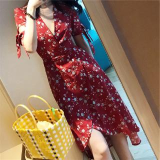 Đầm Dáng Dài Cổ Chữ V Thiết Kế Dây Thắt Eo Phong Cách Pháp