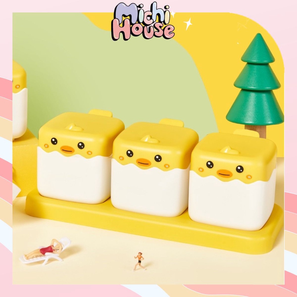 Bộ 3 lọ đựng gia vị, hũ gia vị kèm muỗng và khay đựng cao cấp hình vịt vàng dễ thương (Hàng có sẵn)