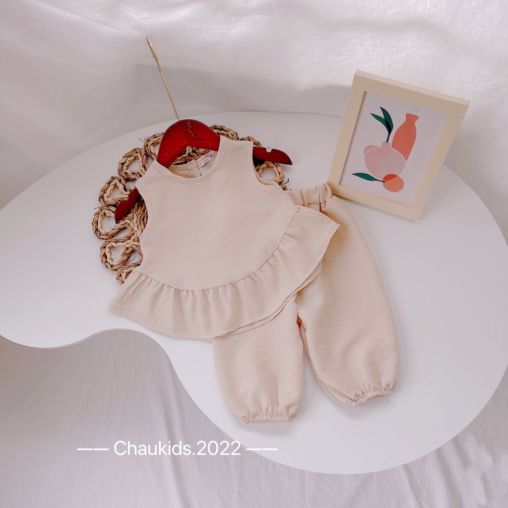 Bộ hè bé gái, bộ đũi xốp áo sát nách vạt bèo quần alibaba siêu xinh cho bé