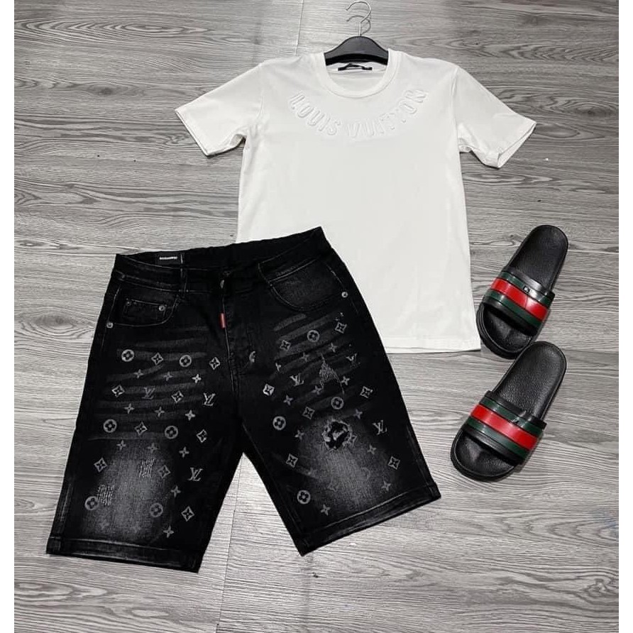 Quần short jean nam màu xám đậm in chữ hiệu. rách cá tính, vải dày dặn co giãn bốn chiều form regular
