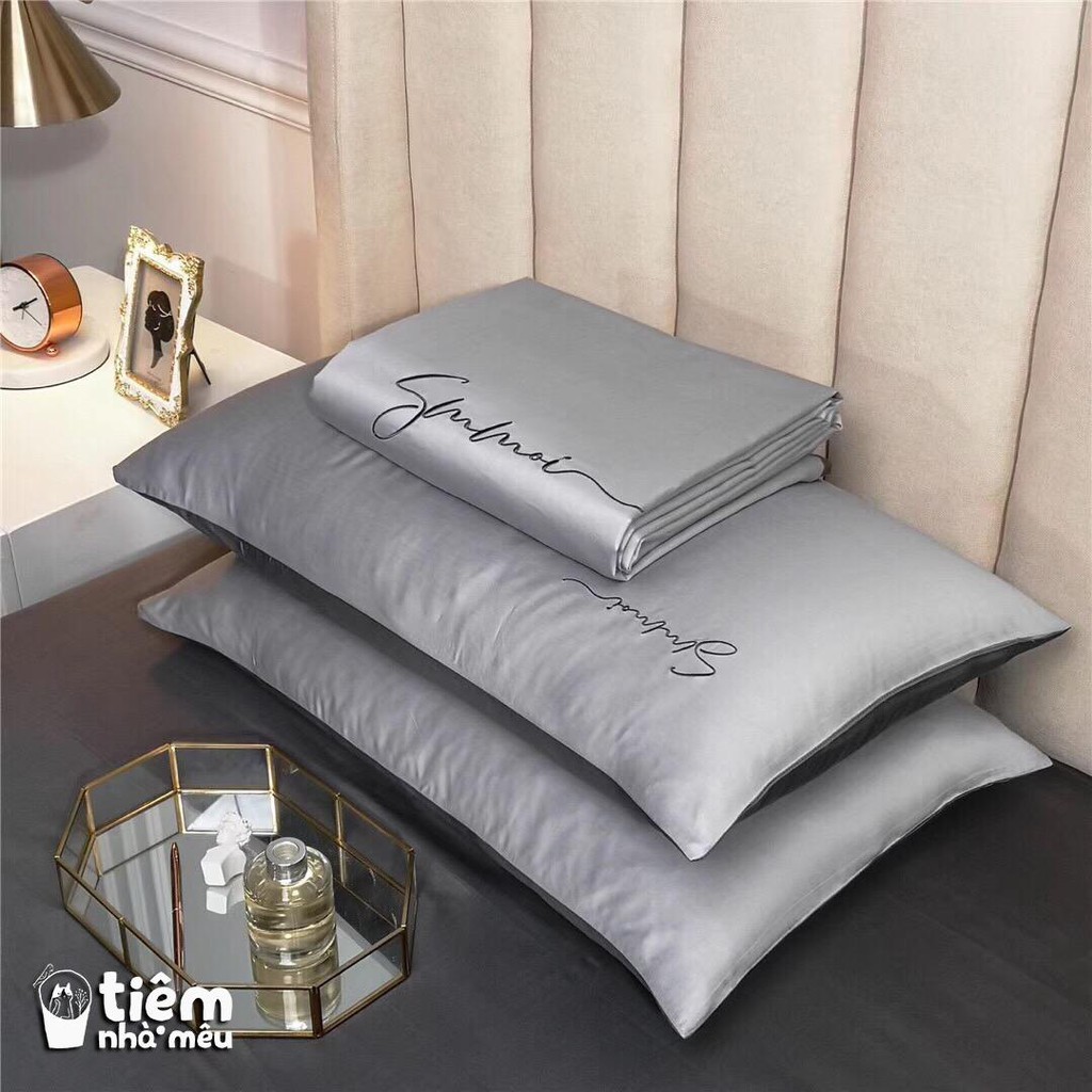 Bộ Chăn Ga Gối Lụa ✨ m6/m8/2m - Tiệm Nhà Mêu✨Set 4 Món Tencel Basic Màu Trơn Chữ Sumoi (Nhiều Màu - Vol2)