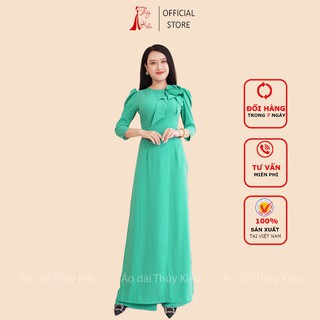 Áo dài trơn lụa Nhật cổ tròn màu xanh ngọc tay bồng A02