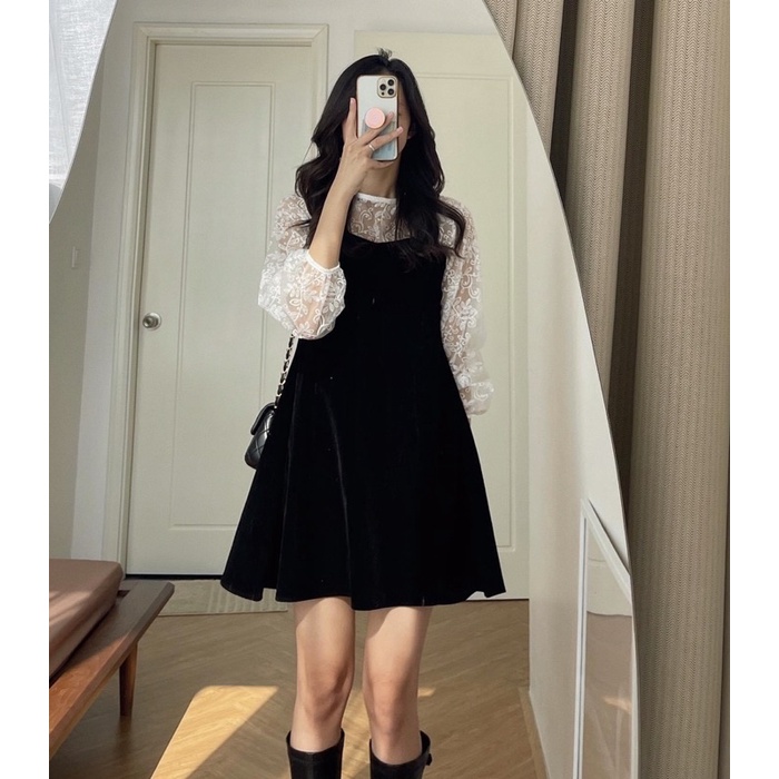 Set Váy Nhung Đen Mix Áo Ren