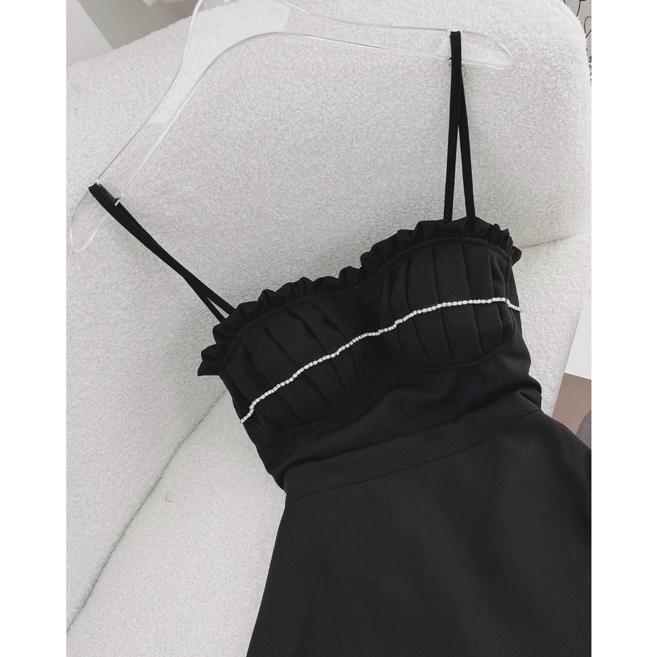 Đầm Váy Nữ Đen Hai Dây Viền Bèo Xếp Ly Có Mút Ngực Hở Lưng Đi Chơi, Dự Tiệc Dáng Chữ A, Có Sẵn Tiệm Nhà Kac