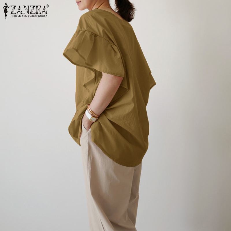 Áo ZANZEA Dáng Rộng Tay Áo Ngắn Phồng Cổ Chữ O Màu Trơn Cho Nữ Giới
