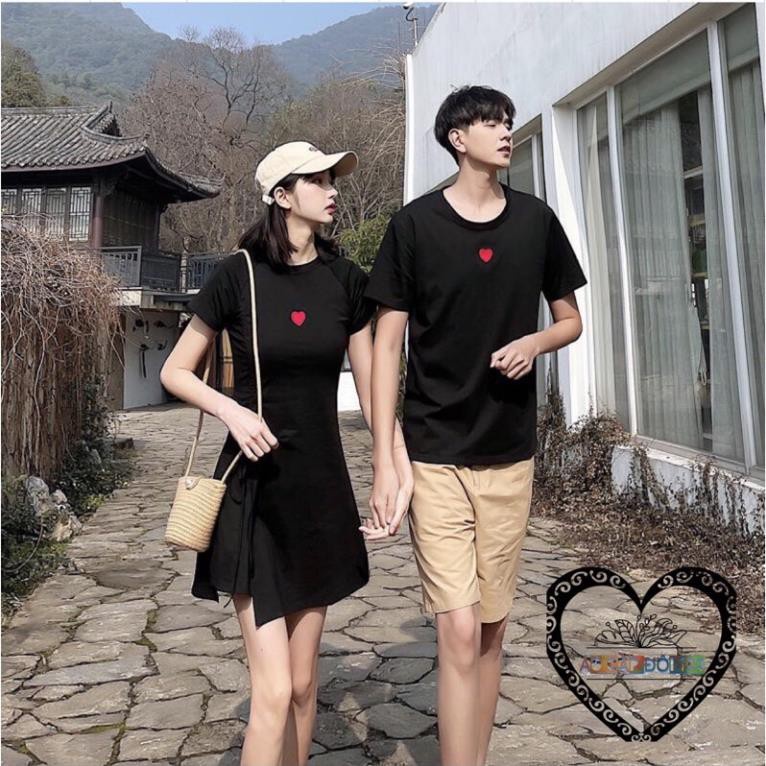 ✗✎❈Đồ đôi nam nữ váy thun rút dây cách điệu một bên eo cùng áo cổ tròn