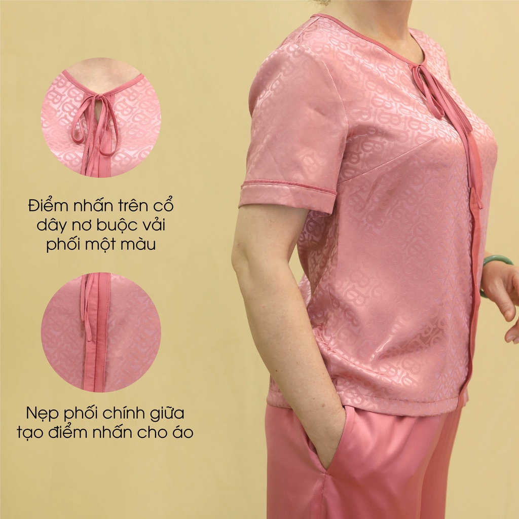 Đồ Bộ Trung Niên Nữ Lụa Họa Tiết Cao Cấp ANCHI B30 Hồng, Set Đồ Mặc Nhà Quà Tặng Cho Mẹ