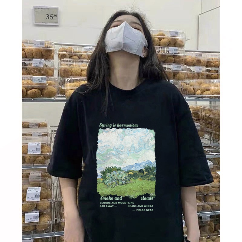 Áo thun SELVZE cotton tay ngắn dáng rộng in họa tiết phong cách Mỹ cổ điển thời trang cho nữ