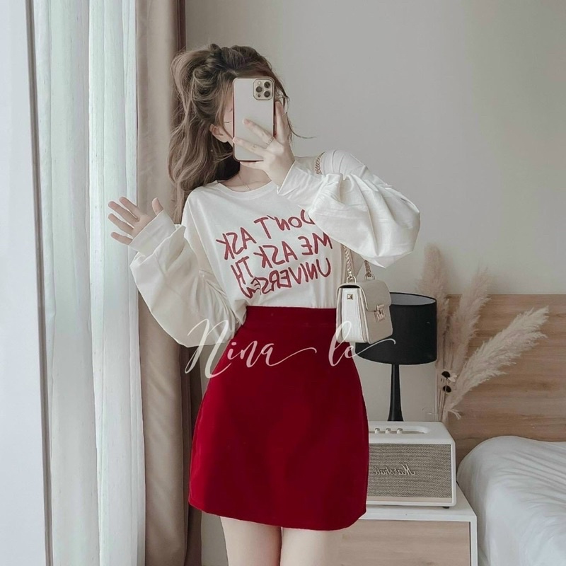 Sét váy NOEN thời trang nữ áo trắng tay dài in họa tiết chữ, chân váy chữ A dễ thương phù hợp cho nàng đi chơi, dạo phố