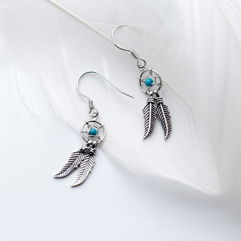 Khuyên tai bạc 925 thiết kế dream catcher đá xanh phong cách độc đáo trẻ trung mới lạ Dế Bạc - K5464