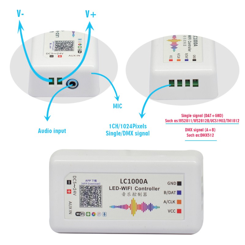 LC1000A BỘ ĐIỀU KHIỂN LED FULL MÀU NHÁY THEO NHẠC ĐIỀU KHIỂN QUA APP MOBILE WIFI