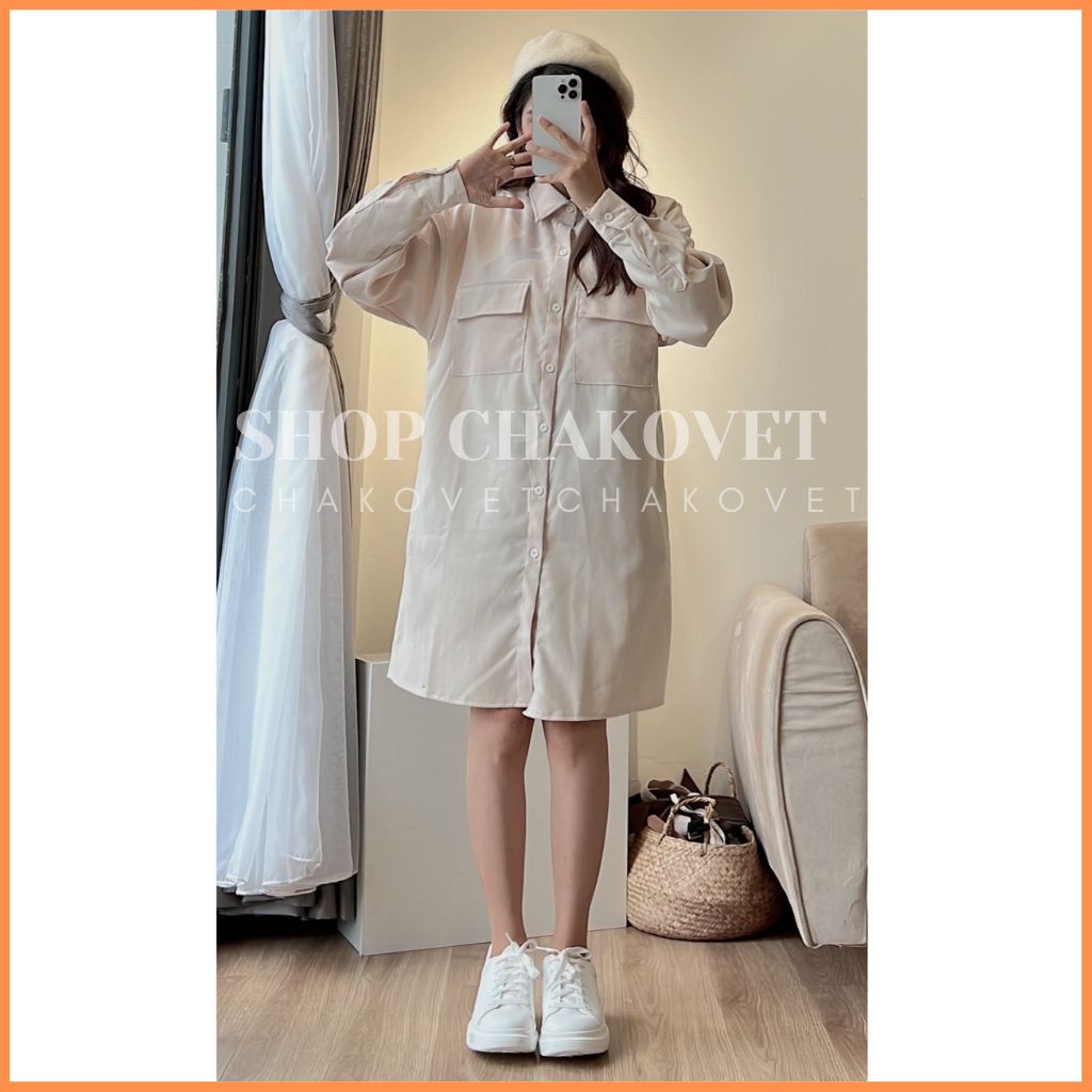 Váy sơ mi nhung tăm dài tay Vintage V8458 Đầm suông dáng Midi có túi 2 bên thời trang học sinh công sở Thu Đông