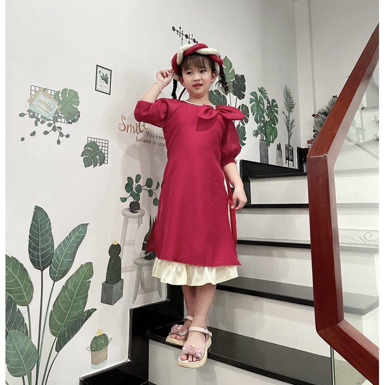 Áo Dài Cách Tân Nơ Đỏ 𝐍𝐇𝐈́𝐌 𝐗𝐔̀ 𝐊𝐈𝐃𝐒 Cho Bé Gái 1 Tuổi Đến 8 Tuổi Chất Lụa Nến Lót Lụa Habutai AD114