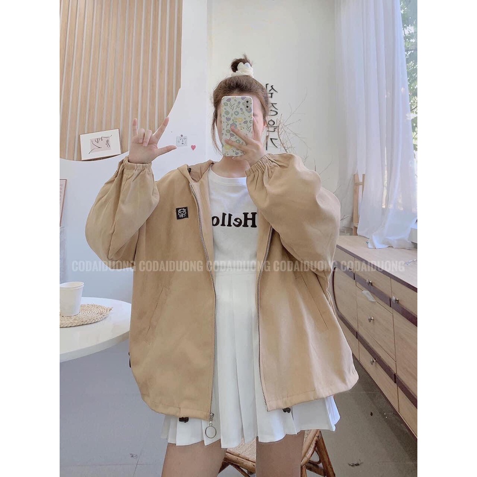 Áo khoác nhung có mũ họa tiết logo phối khóa tròn ulzzang/ Áo khoác nữ mặc thu đông tay bồng dáng rộng unisex | BigBuy360 - bigbuy360.vn