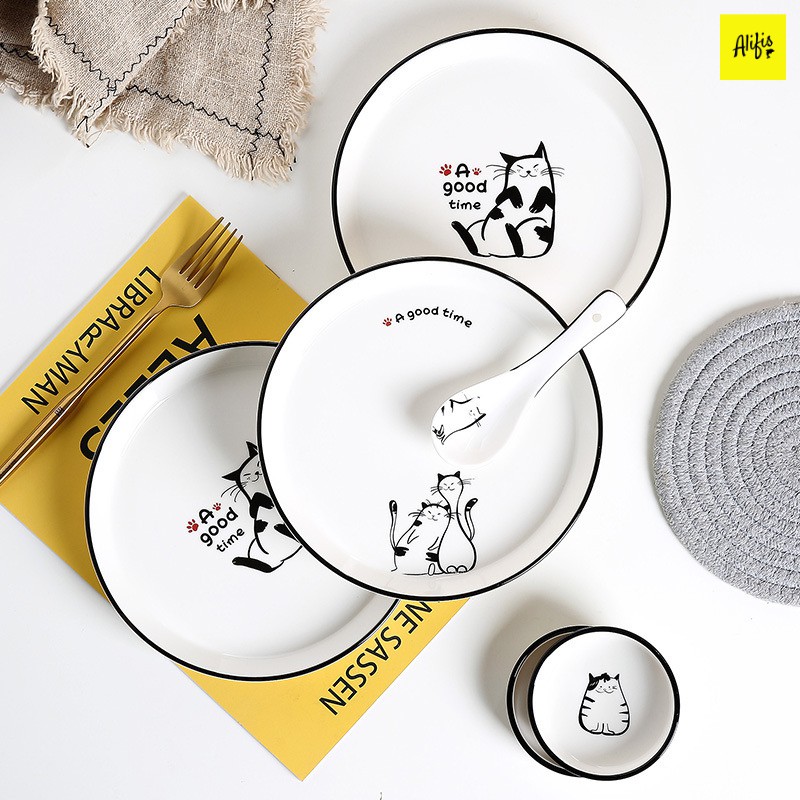 Bát đĩa, bát đĩa sứ lẻ họa tiết mèo đáng yêu – dùng cho bàn ăn và decor