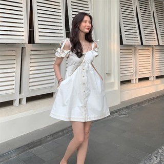 VÁY KAKI HAI DÂY CỘT NƠ NÚT VIỀN BÈO CHUN - ĐẦM DÂY TRỄ VAI CÚC CÀI VIỀN CHỈ ULZZANG