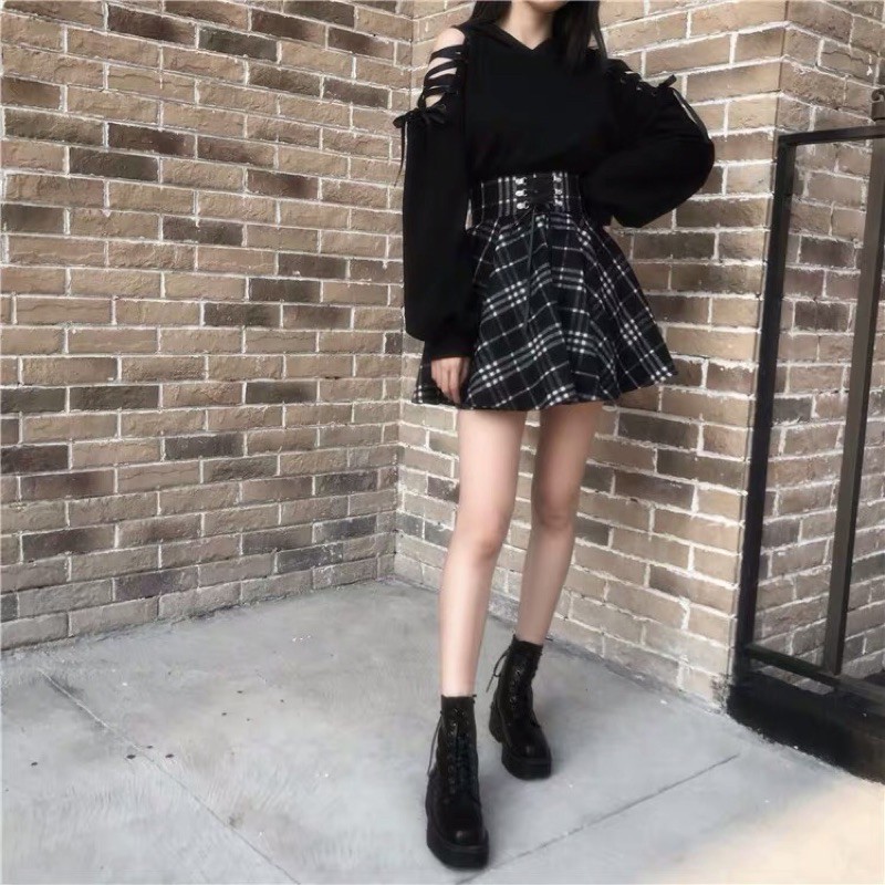 Set áo hoodie hở vai đan dây chéo + chân váy kẻ xoè Ulzzang đan dây cách điệu siêu chất ❤️