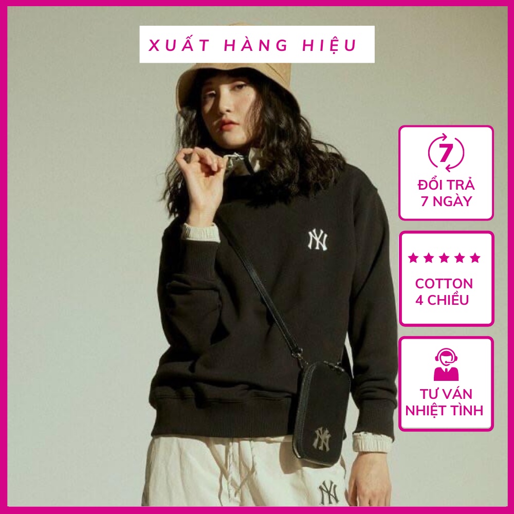 Áo thun nỉ sweater NY MLB xuất xịn áo phông dài tay vnxk da cá trắng đen