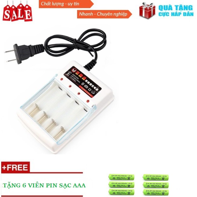 Sạc Pin Cho Pin Tiểu AA và Pin Đũa AAA + Kèm 6 viên pin sạc AAA dung lượng 600 mAh